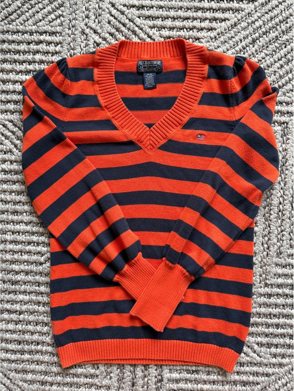 Ralph Lauren Polo Jeans Company Knit Cotton Sweater Striped Orange Blue Size M